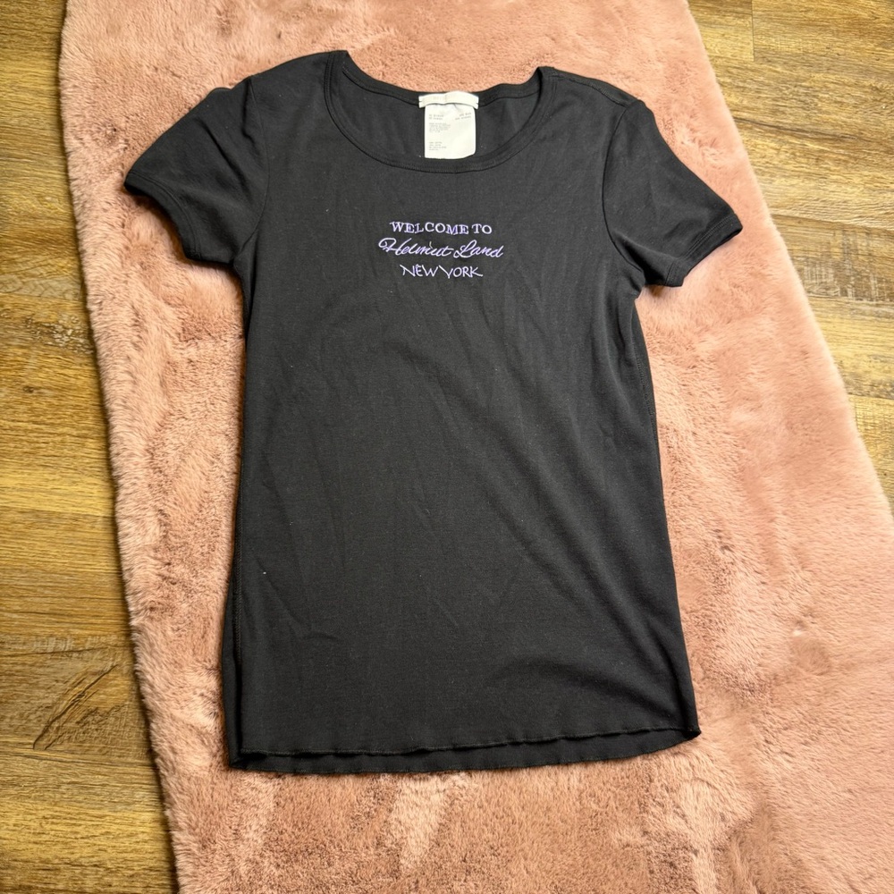 Helmut Lang Black Tee with Lavender 'Welcome to Helmut Land New York' Embroidery